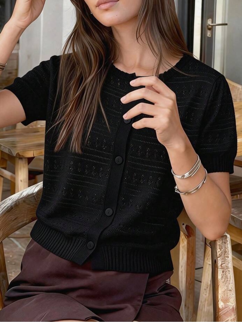 SHEIN Black Short-Sleeve Button Front Knit Cardigan